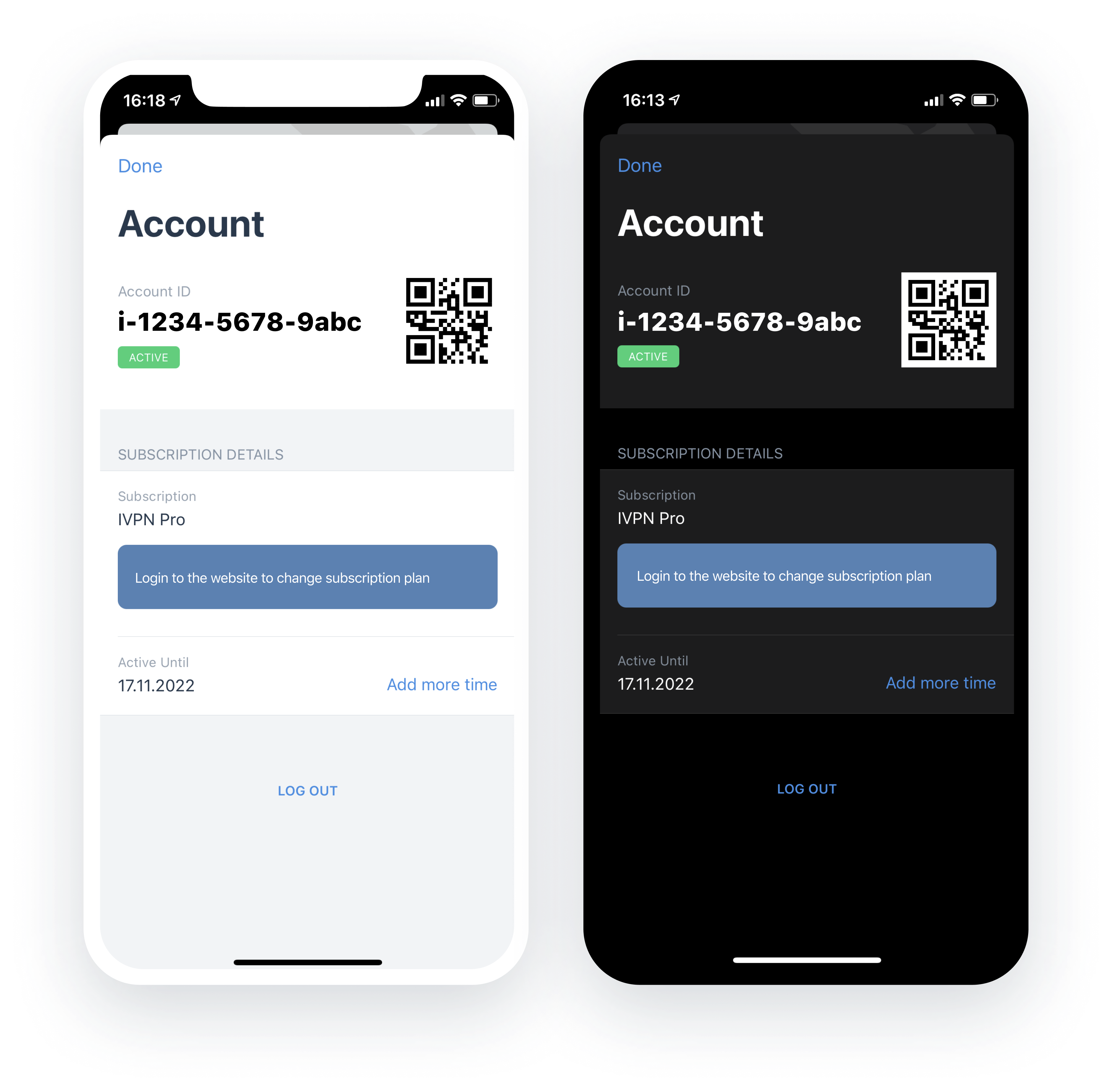 account management with qr code ios ipados ivpn app