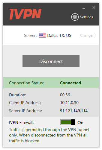 IVPN Client connected to the VPN with IVPN Firewall enabled.